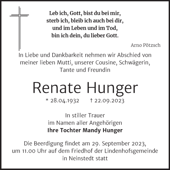 Traueranzeige von Renate Hunger von Mitteldeutsche Zeitung Quedlingburg
