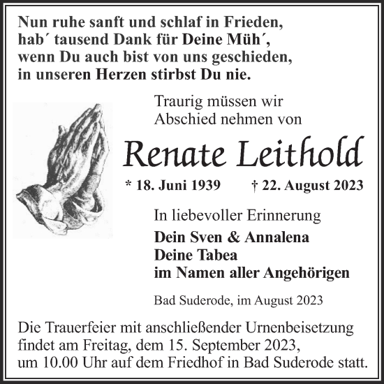 Traueranzeige von Renate Leithold von Trauerkombi Quedlinburg