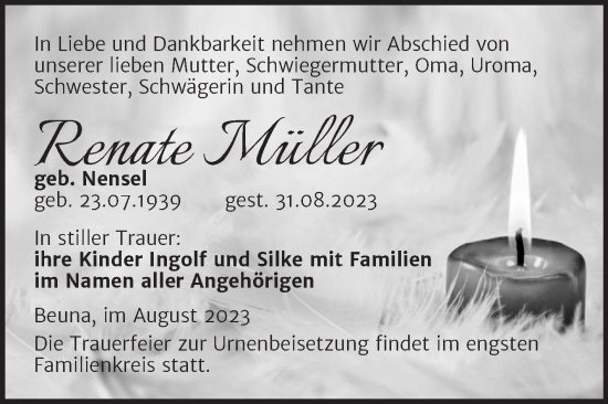 Traueranzeige von Renate Müller von Trauerkombi Merseburg