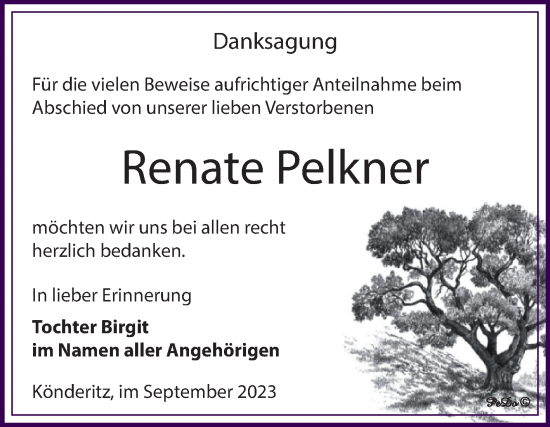 Traueranzeige von Renate Pelkner von Trauerkombi Zeitz
