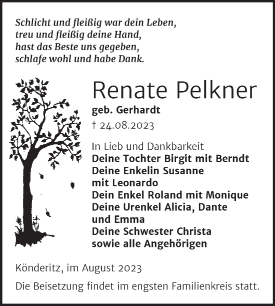 Traueranzeige von Renate Pelkner von Trauerkombi Zeitz