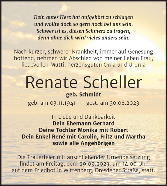 Traueranzeige von Renate Scheller von Trauerkombi Wittenberg