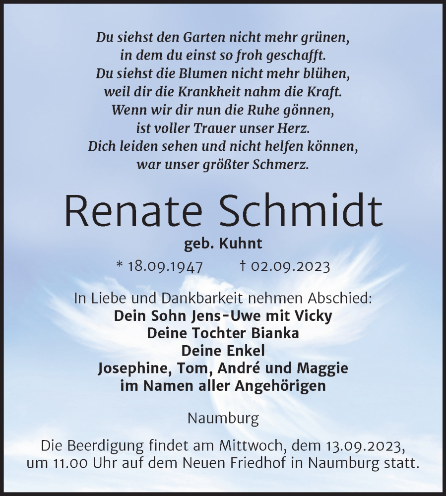  Traueranzeige für Renate Schmidt vom 08.09.2023 aus Naumburger Tageblatt