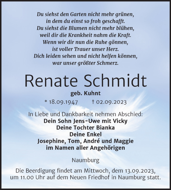 Traueranzeige von Renate Schmidt von Naumburger Tageblatt