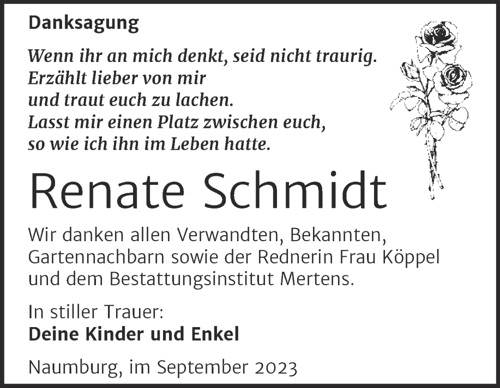  Traueranzeige für Renate Schmidt vom 30.09.2023 aus Naumburger Tageblatt