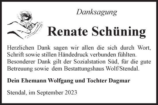 Traueranzeige von Renate Schüning von Volksstimme Altmark Ost