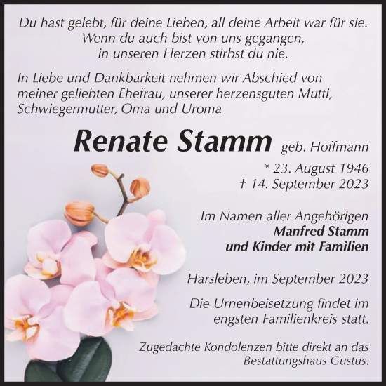 Traueranzeige von Renate Stamm von Volksstimme Halberstadt