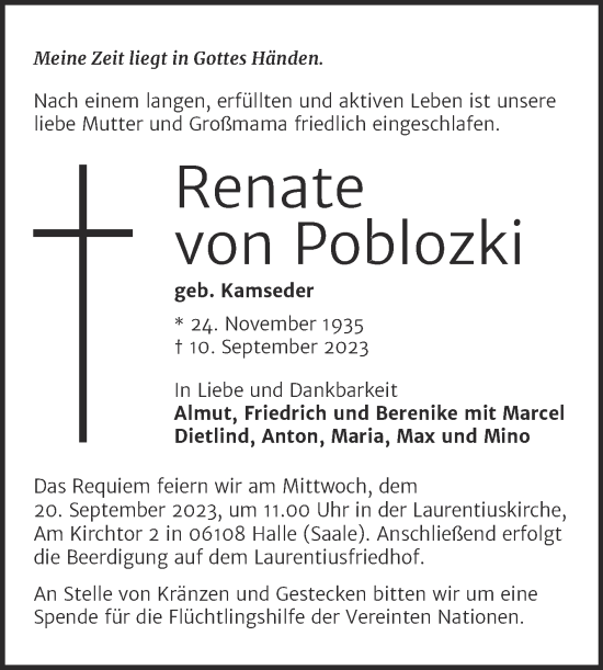 Traueranzeige von Renate von Poblozki von Mitteldeutsche Zeitung Halle/Saalkreis