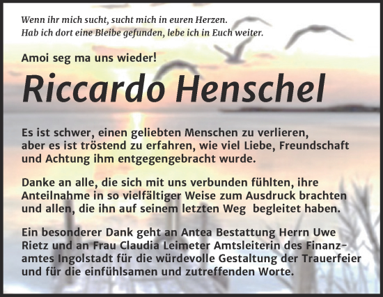 Traueranzeige von Riccardo Henschel von Trauerkombi Dessau