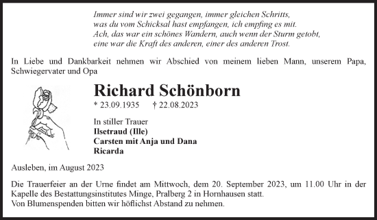 Traueranzeige von Richard Schönborn von Volksstimme Oschersleben/Wanzleben