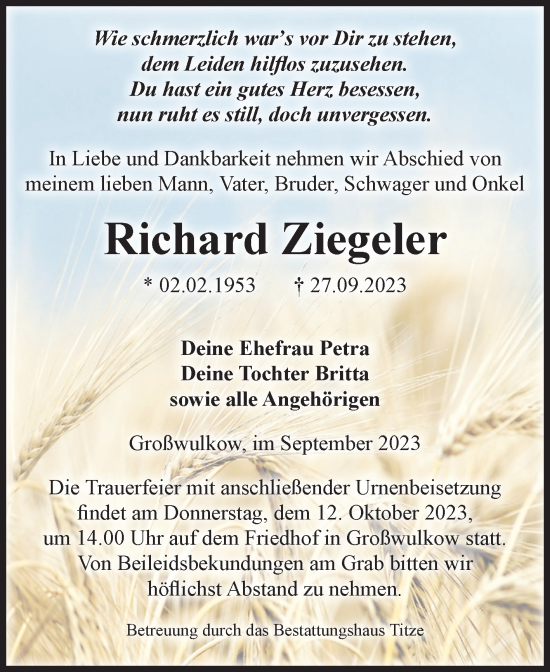 Traueranzeige von Richard Ziegeler von Volksstimme Burg/Genthin