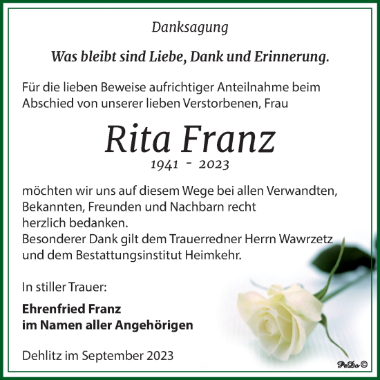 Traueranzeige von Rita Franz von Trauerkombi Weißenfels