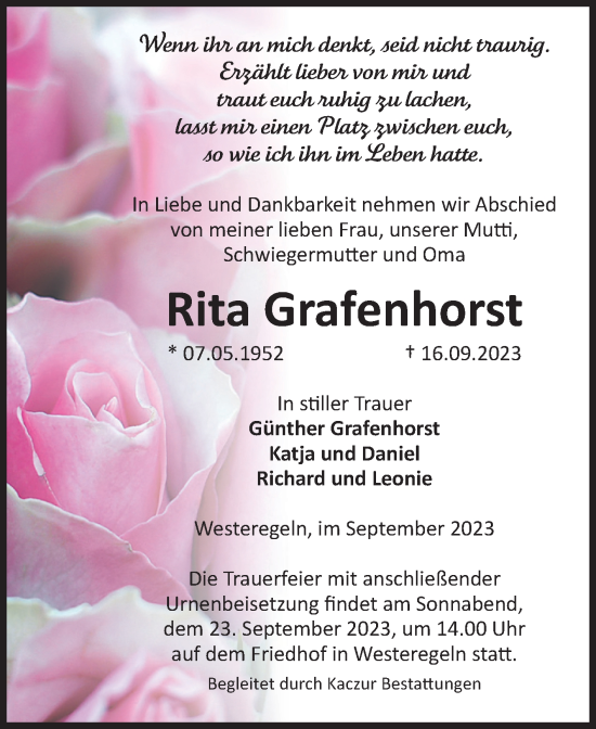 Traueranzeige von Rita Grafenhorst von Volksstimme Staßfurt