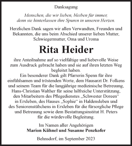 Traueranzeige von Rita Heider von Volksstimme Haldensleben/Wolmirstedt