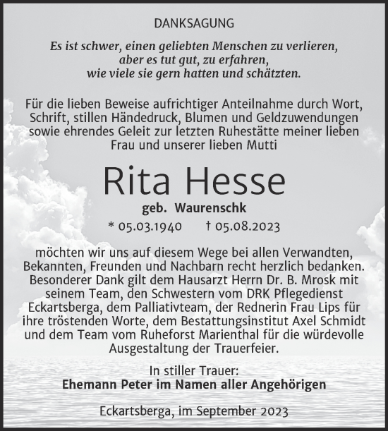 Traueranzeige von Rita Hesse von Wochenspiegel Naumburg/Nebra