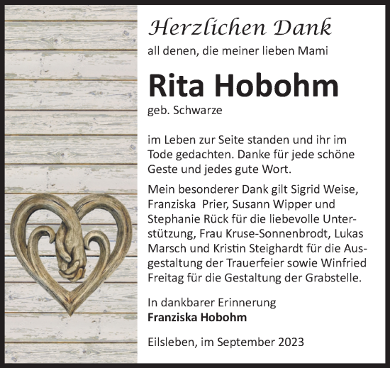 Traueranzeige von Rita Hobohm von Volksstimme Oschersleben/Wanzleben