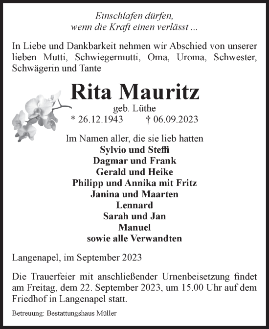 Traueranzeige von Rita Mauritz von Volksstimme Altmark West