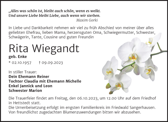 Traueranzeige von Rita Wiegandt von Trauerkombi Mansfelder Land