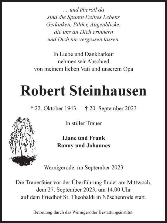 Traueranzeige von Robert Steinhausen von Volksstimme Wernigerode