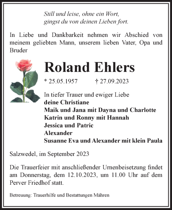 Traueranzeige von Roland Ehlers von Volksstimme Altmark West
