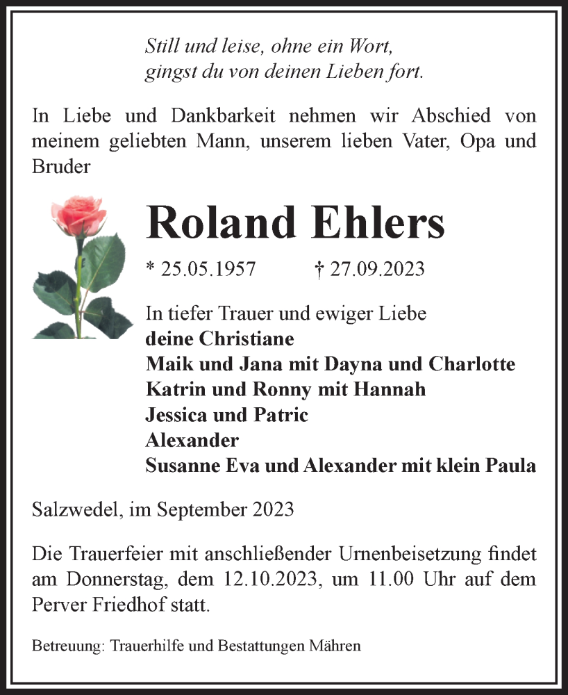  Traueranzeige für Roland Ehlers vom 29.09.2023 aus Volksstimme Altmark West