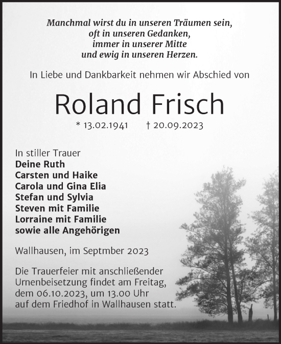 Traueranzeige von Roland Frisch von Trauerkombi Sangerhausen
