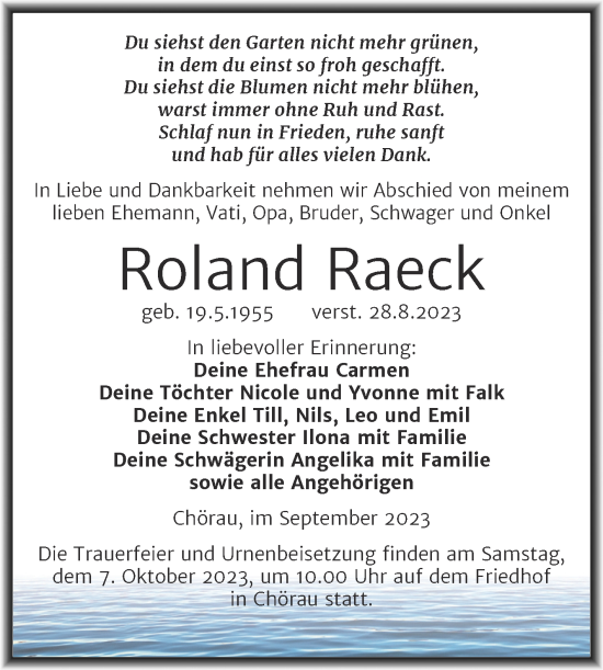 Traueranzeige von Roland Raeck von Trauerkombi Köthen