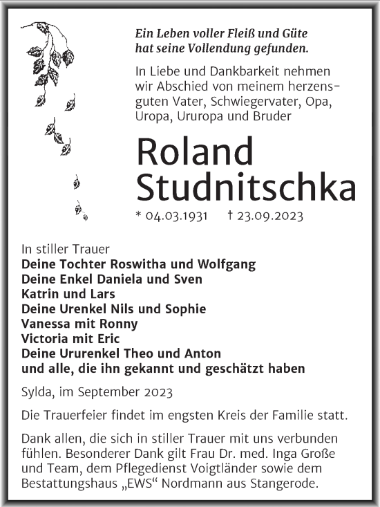 Traueranzeige von Roland Studnitschka von Trauerkombi Aschersleben