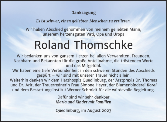 Traueranzeige von Roland Thomschke von Trauerkombi Quedlinburg