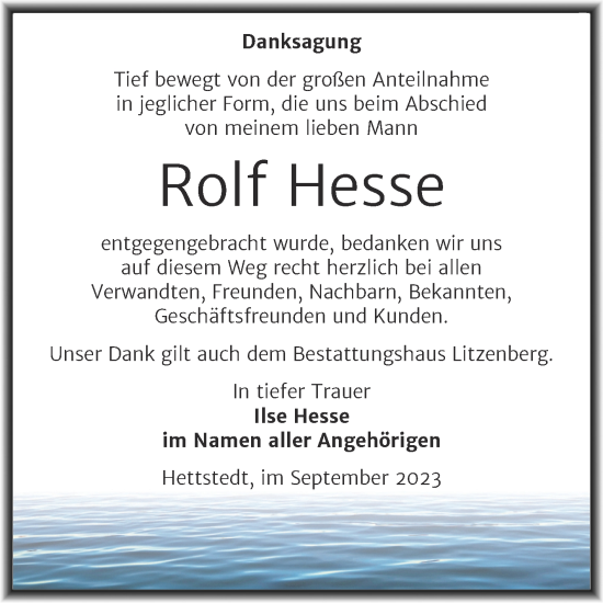 Traueranzeige von Rolf Hesse von Trauerkombi Mansfelder Land