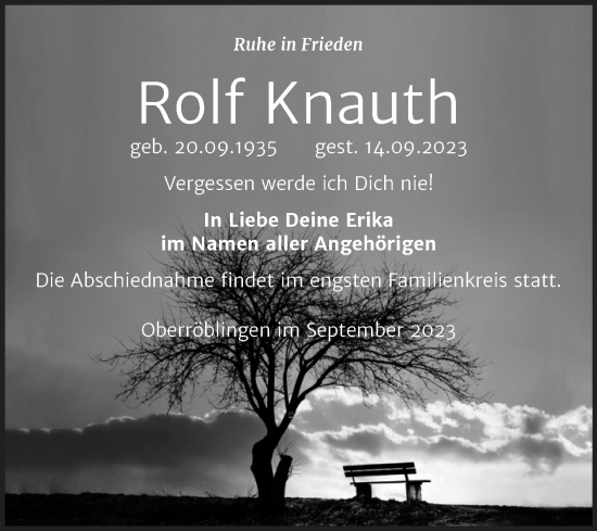 Traueranzeige von Rolf Knauth von Trauerkombi Sangerhausen