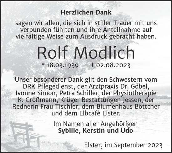 Traueranzeige von Rolf Modlich von Trauerkombi Wittenberg