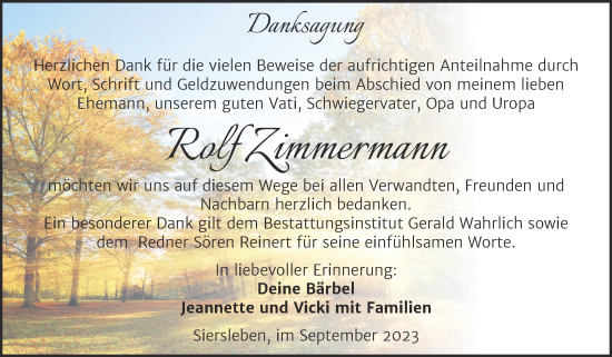 Traueranzeige von Rolf Zimmermann von Trauerkombi Mansfelder Land