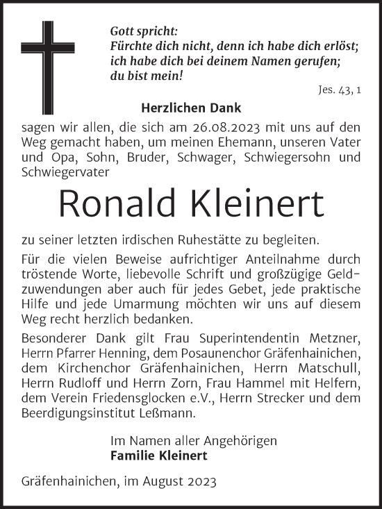 Traueranzeige von Ronald Kleinert von Trauerkombi Wittenberg