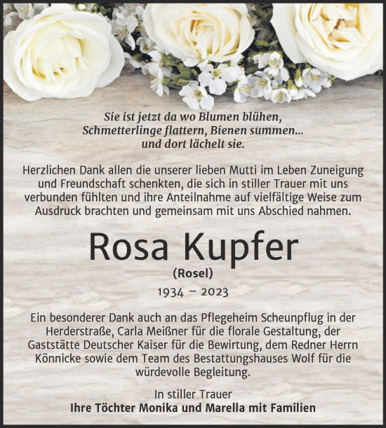 Traueranzeige von Rosa Kupfer von Trauerkombi Weißenfels