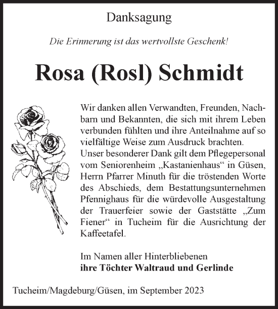 Traueranzeige von Rosa Schmidt von Volksstimme Burg/Genthin