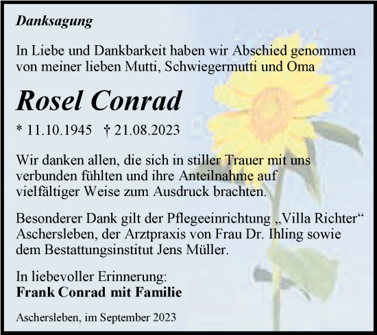 Traueranzeige von Rosel Conrad von Trauerkombi Aschersleben