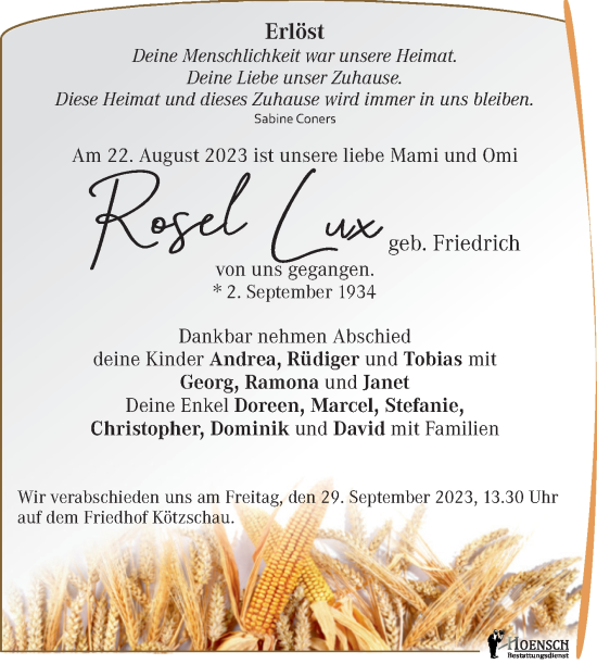 Traueranzeige von Rosel Lux von Trauerkombi Merseburg