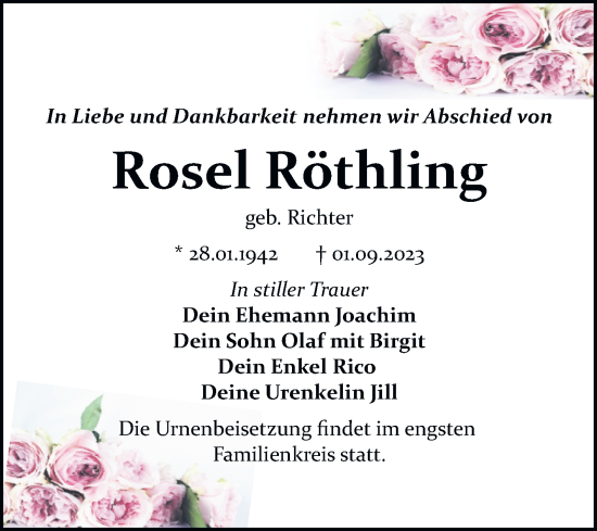 Traueranzeige von Rosel Röthling von Trauerkombi Bitterfeld
