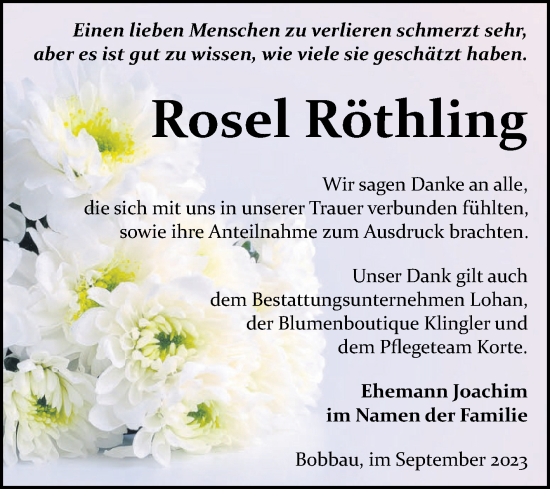 Traueranzeige von Rosel Röthling von Trauerkombi Bitterfeld