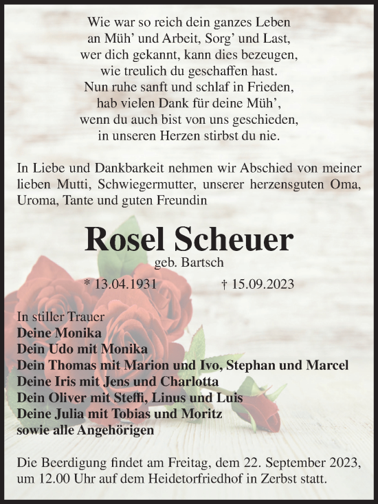 Traueranzeige von Rosel Scheuer von Volksstimme Zerbst