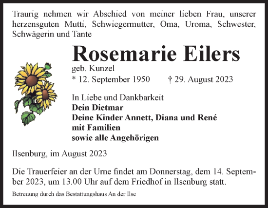 Traueranzeige von Rosemarie Eilers von Volksstimme Wernigerode