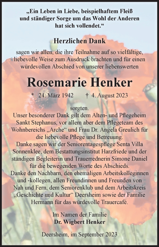 Traueranzeige von Rosemarie Henker von Volksstimme Halberstadt