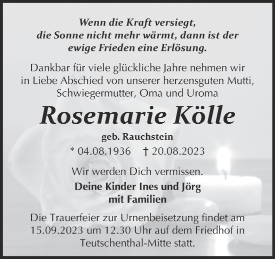 Traueranzeige von Rosemarie Kolle von Mitteldeutsche Zeitung Halle/Saalkreis