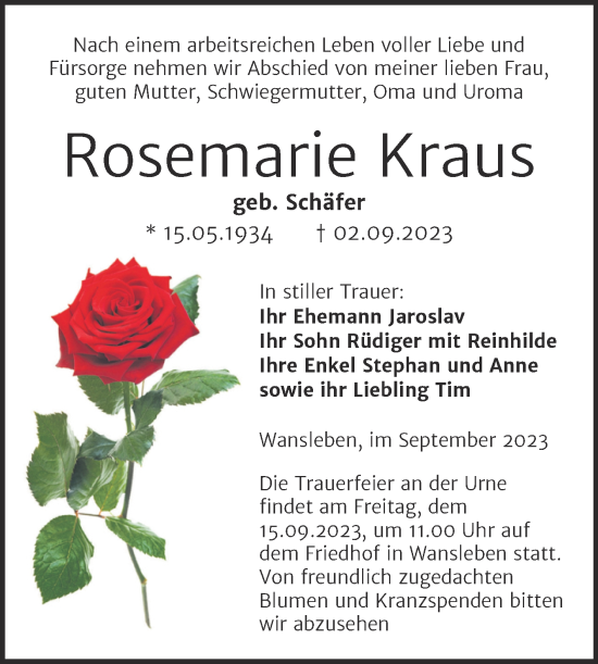 Traueranzeige von Rosemarie Kraus von Mitteldeutsche Zeitung Mansfelder Land