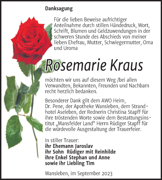 Traueranzeige von Rosemarie Kraus von Trauerkombi Mansfelder Land