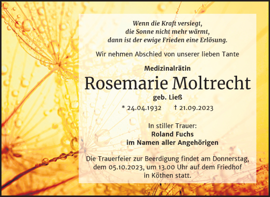 Traueranzeige von Rosemarie Moltrecht von Trauerkombi Köthen