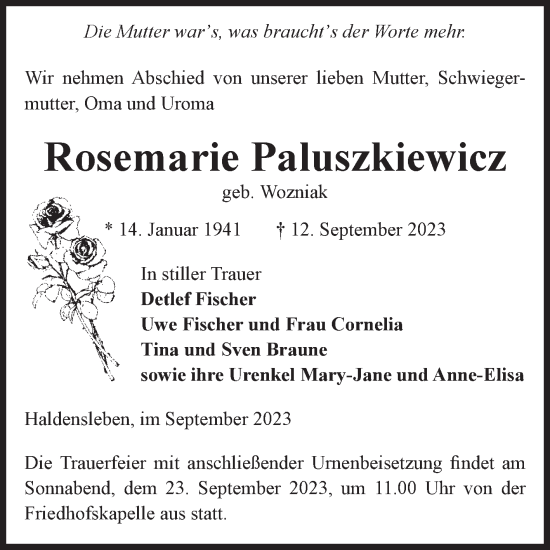 Traueranzeige von Rosemarie Paluszkiewicz von Volksstimme Haldensleben/Wolmirstedt