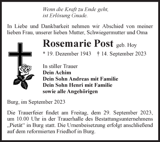 Traueranzeige von Rosemarie Post von Volksstimme Burg/Genthin