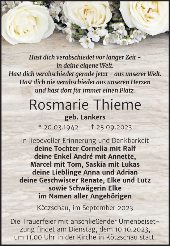 Traueranzeige von Rosmarie Thieme von Trauerkombi Merseburg